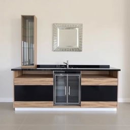 A modern bar cabinet made of wood and black accents, approximately 2