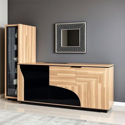 A modern bar cabinet made of wood and black accents, approximately 2