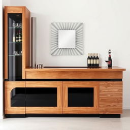 A modern bar cabinet made of wood and black accents, approximately 2