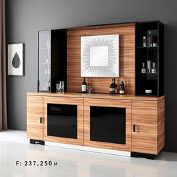 A modern bar cabinet made of wood and black accents, approximately 2