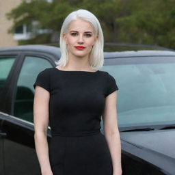 Full-length interior photo of a 30-year-old average build girl with white hair in a black dress, standing next to a car, featuring long square proportional facial features, a small smooth nose, cheek dimples, bow lips, thin cheeks and cheekbones, large black eyebrows, smooth medium green eyes, and swarthy skin