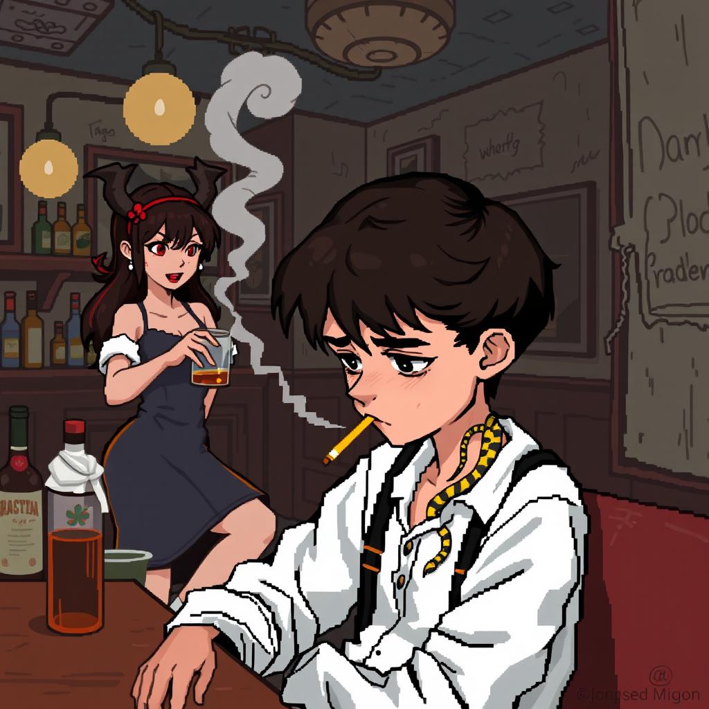 Create an 8-bit pixel art image featuring a boy sitting in a shabby bar with dull colors