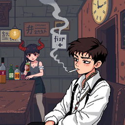 Create an 8-bit pixel art image featuring a boy sitting in a shabby bar with dull colors