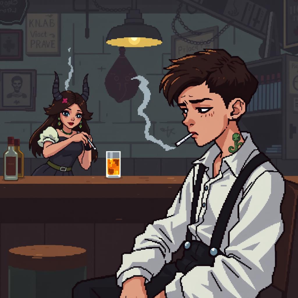 Create an 8-bit pixel art image featuring a boy sitting in a shabby bar with dull colors