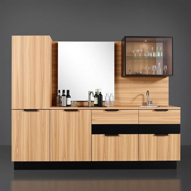 A modern bar cabinet made of wood and black accents, approximately 2