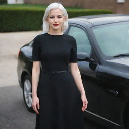 Full-length interior photo of a 30-year-old average build girl with white hair in a black dress, standing next to a car, featuring long square proportional facial features, a small smooth nose, cheek dimples, bow lips, thin cheeks and cheekbones, large black eyebrows, smooth medium green eyes, and swarthy skin