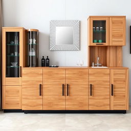 A modern bar cabinet made of wood and black accents, approximately 2