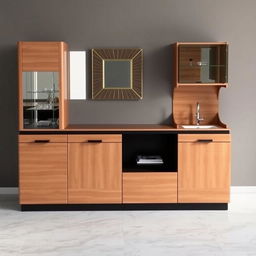 A modern bar cabinet made of wood and black accents, approximately 2