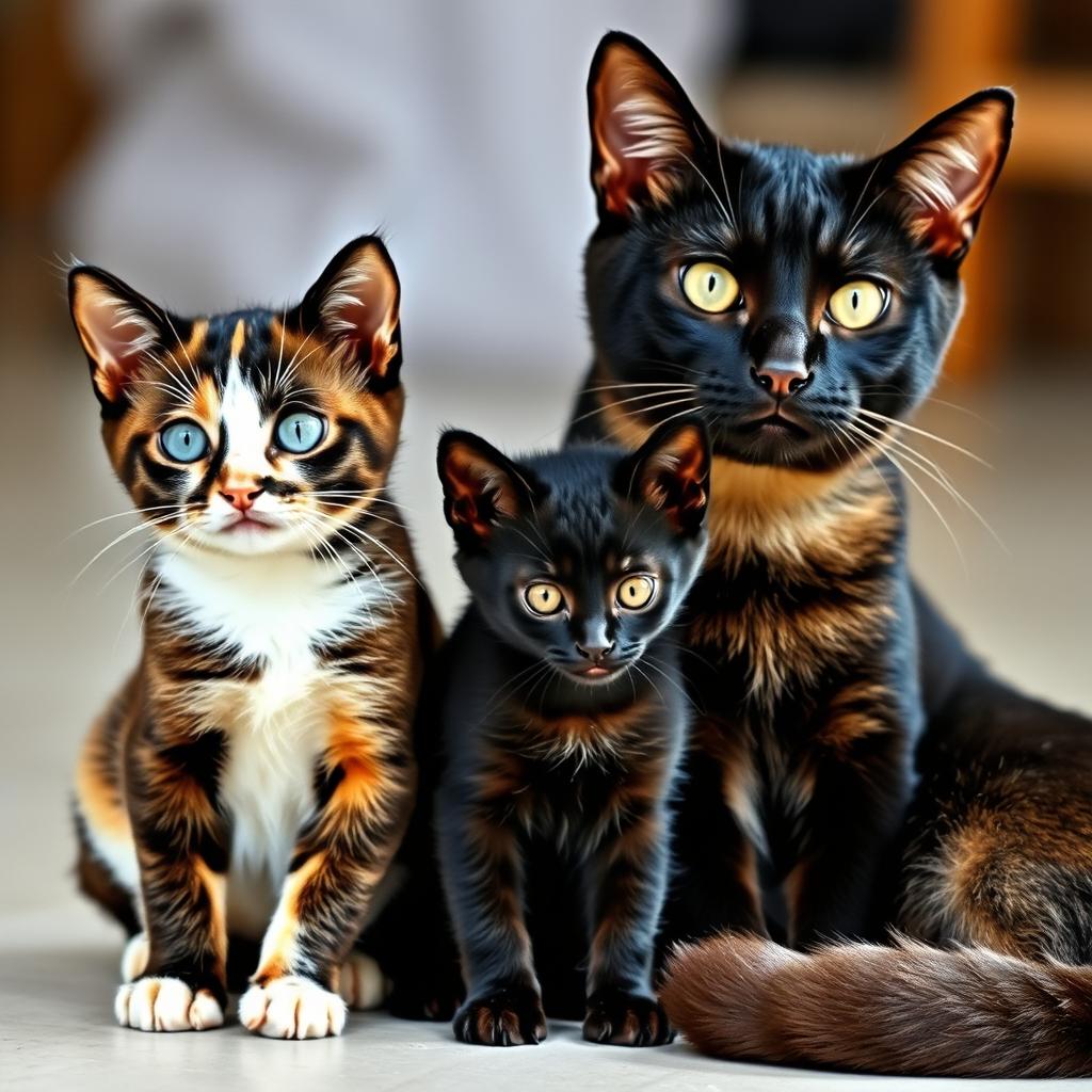 Una imagen de tres gatos sentados juntos