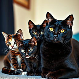 Una imagen de tres gatos sentados juntos