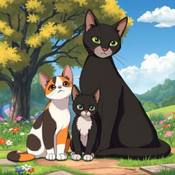 En un hermoso paisaje al estilo de Studio Ghibli, se encuentran tres gatos sentados juntos