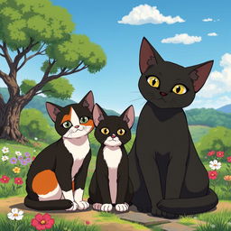 En un hermoso paisaje al estilo de Studio Ghibli, se encuentran tres gatos sentados juntos