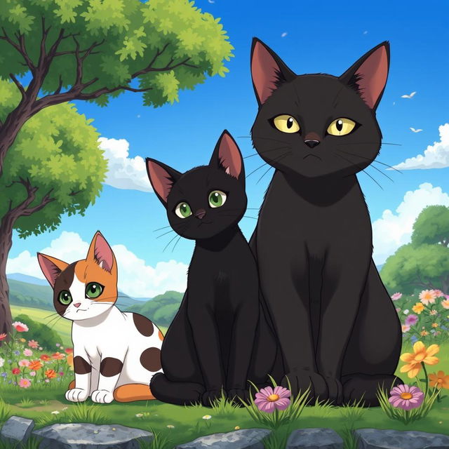 En un hermoso paisaje al estilo de Studio Ghibli, se encuentran tres gatos sentados juntos