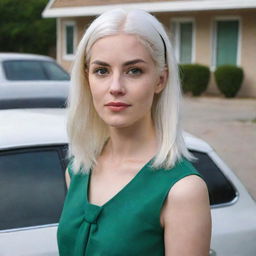 Full-length interior photo of a 30-year-old, averagely built girl with white hair standing near a car, featuring long square proportional facial features, a small smooth nose, cheek dimples, bow lips, thin cheeks and cheekbones, large black eyebrows, smooth medium green eyes, and swarthy skin