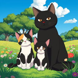 En un hermoso paisaje al estilo de Studio Ghibli, se encuentran tres gatos sentados juntos