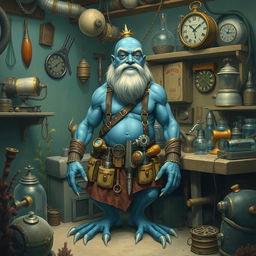 A blue-skinned amphibious man who is an inventor, surrounded by various gadgets and tools in his underwater workshop