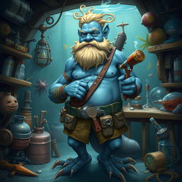 A blue-skinned amphibious man who is an inventor, surrounded by various gadgets and tools in his underwater workshop