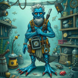 A blue-skinned amphibious man who is an inventor, surrounded by various gadgets and tools in his underwater workshop