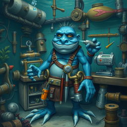 A blue-skinned amphibious man who is an inventor, surrounded by various gadgets and tools in his underwater workshop