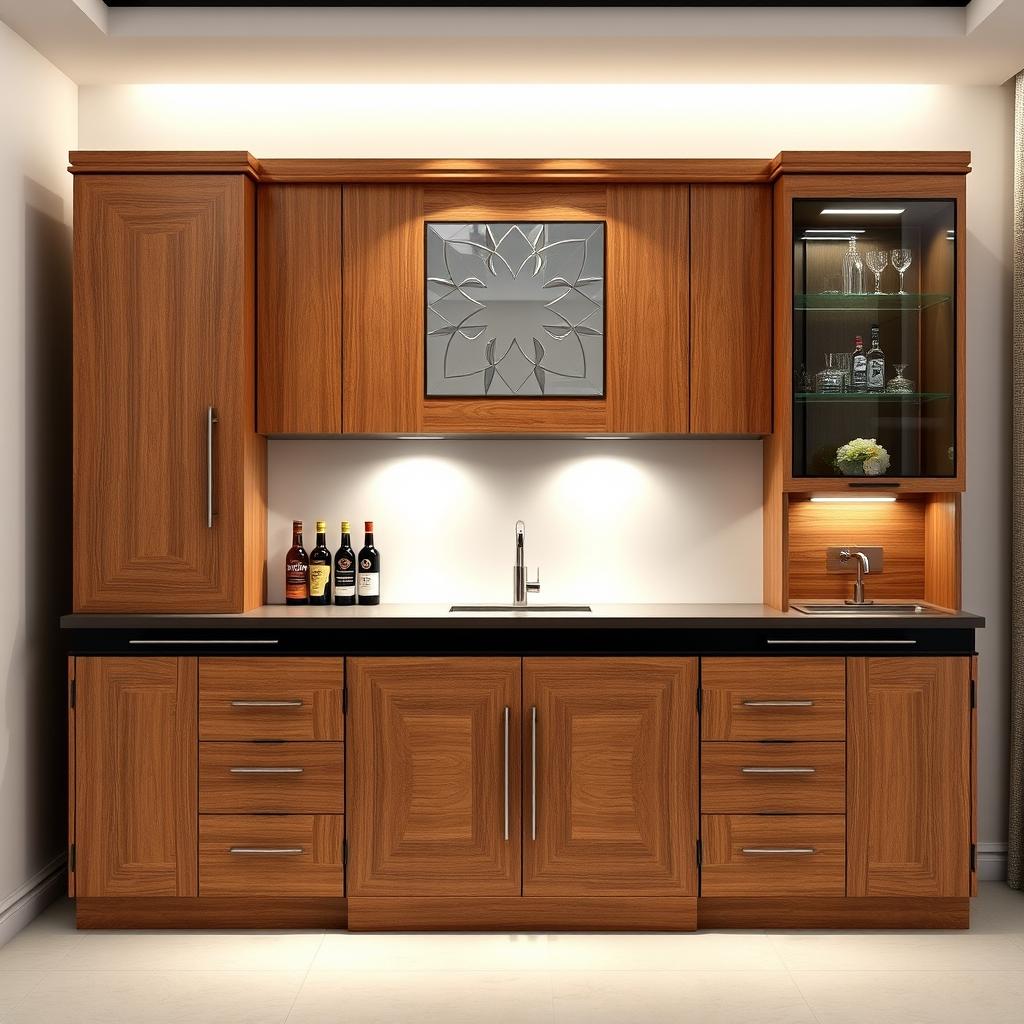 A modern bar cabinet made of wood and black accents, approximately 2