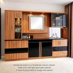 A modern bar cabinet made of wood and black accents, approximately 2