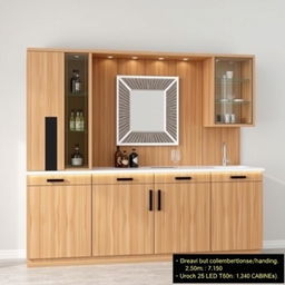 A modern bar cabinet made of wood and black accents, approximately 2