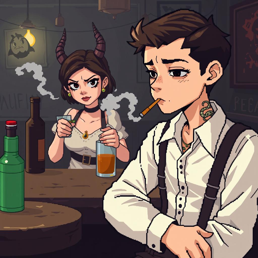 Create an 8-bit pixel art image featuring a boy sitting in a shabby bar with dull colors