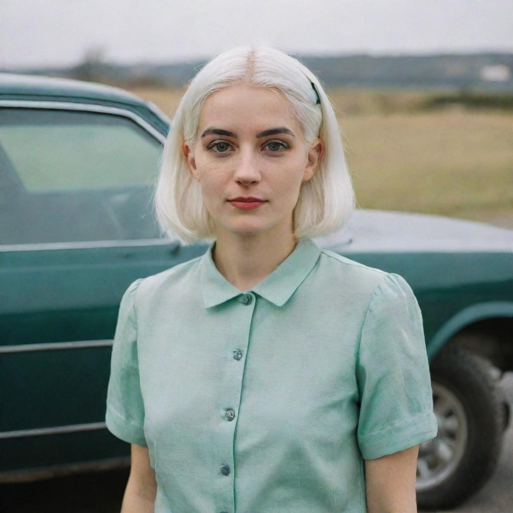 Full-length interior photo of a 30-year-old, averagely built girl with white hair standing near a car, featuring long square proportional facial features, a small smooth nose, cheek dimples, bow lips, thin cheeks and cheekbones, large black eyebrows, smooth medium green eyes, and swarthy skin