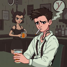 Create an 8-bit pixel art image featuring a boy sitting in a shabby bar with dull colors