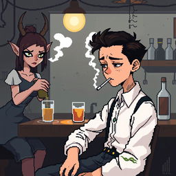 Create an 8-bit pixel art image featuring a boy sitting in a shabby bar with dull colors