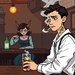 Create an 8-bit pixel art image featuring a boy sitting in a shabby bar with dull colors