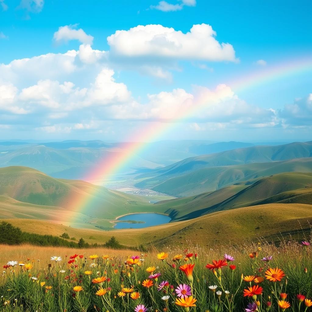 Create an image of a beautiful landscape with rolling hills, a clear blue sky, and a rainbow stretching across the scene