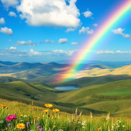 Create an image of a beautiful landscape with rolling hills, a clear blue sky, and a rainbow stretching across the scene