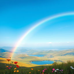 Create an image of a beautiful landscape with rolling hills, a clear blue sky, and a rainbow stretching across the scene