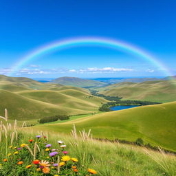 Create an image of a beautiful landscape with rolling hills, a clear blue sky, and a rainbow stretching across the scene