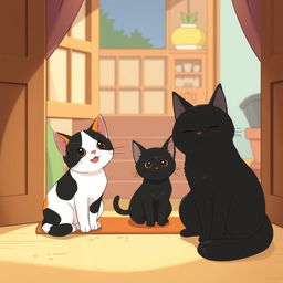 A Studio Ghibli-style image of three cats sitting inside a house