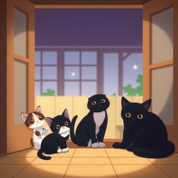 A Studio Ghibli-style image of three cats sitting inside a house