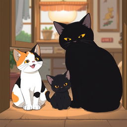 A Studio Ghibli-style image of three cats sitting inside a house