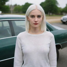 Full-length interior photo of a 30-year-old, averagely built girl with white hair standing near a car, featuring long square proportional facial features, a small smooth nose, cheek dimples, bow lips, thin cheeks and cheekbones, large black eyebrows, smooth medium green eyes, and swarthy skin