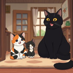 A Studio Ghibli-style image of three cats sitting inside a house