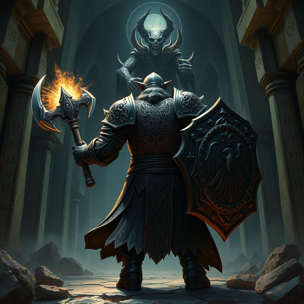 Depict an epic battle between a back-faced duergar dwarf paladin and front-faced lich Vecna within a dark, ancient temple