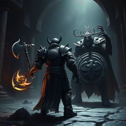 Depict an epic battle between a back-faced duergar dwarf paladin and front-faced lich Vecna within a dark, ancient temple