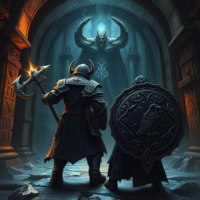 Depict an epic battle between a back-faced duergar dwarf paladin and front-faced lich Vecna within a dark, ancient temple