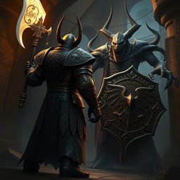 Depict an epic battle between a back-faced duergar dwarf paladin and front-faced lich Vecna within a dark, ancient temple