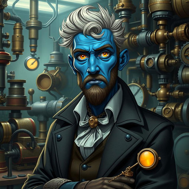 A blue-skinned man with yellow eyes, dressed as an inventor