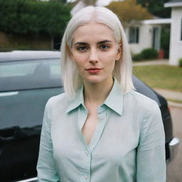 Full-length interior photo of a 30-year-old, averagely built girl with white hair standing near a car, featuring long square proportional facial features, a small smooth nose, cheek dimples, bow lips, thin cheeks and cheekbones, large black eyebrows, smooth medium green eyes, and swarthy skin