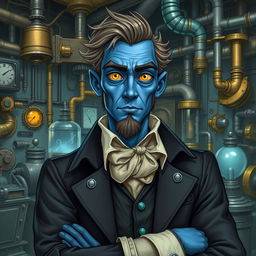 A blue-skinned man with yellow eyes, dressed as an inventor