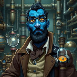 A blue-skinned man with yellow eyes, dressed as an inventor