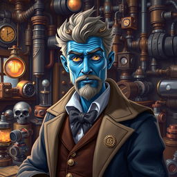 A blue-skinned man with yellow eyes, dressed as an inventor