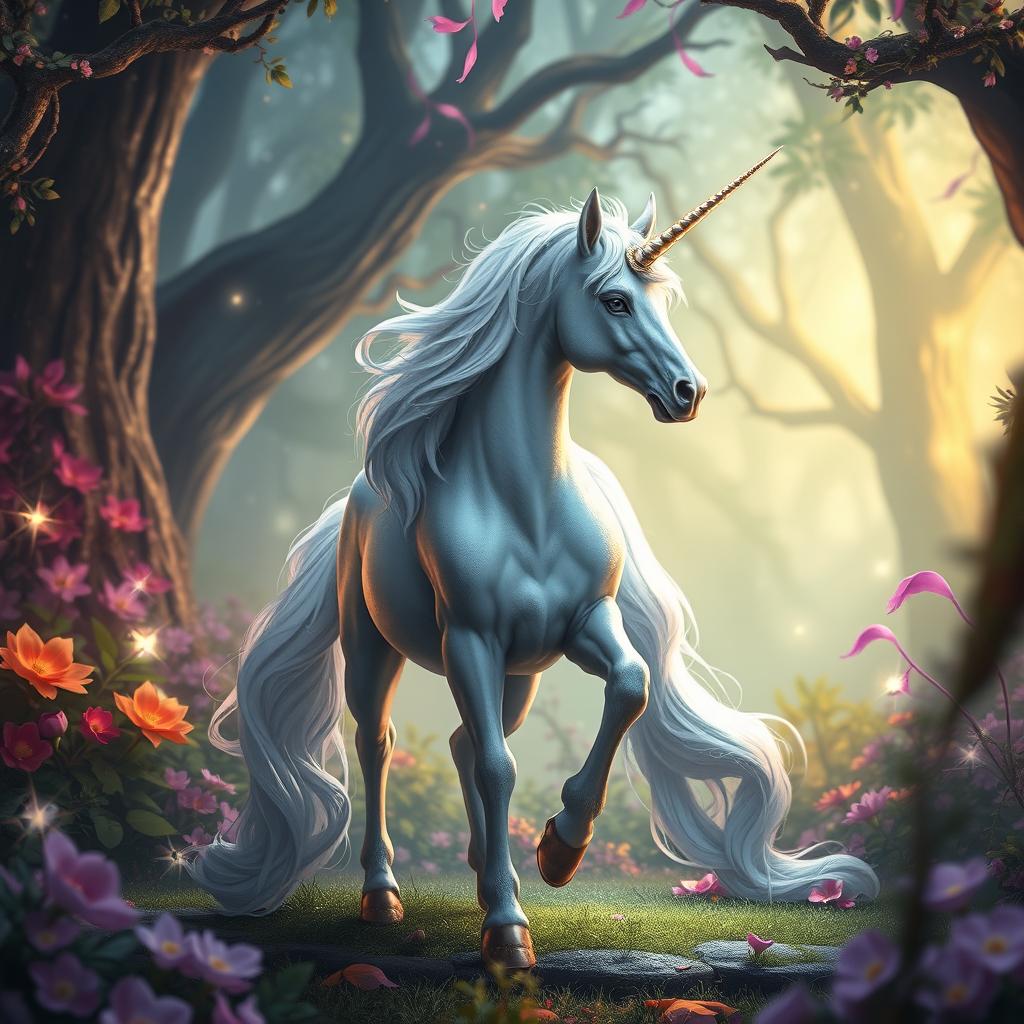 A mystical unicorn stands gracefully in a fantasy forest